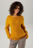 Aniston Senfgelber Strickpullover mit Lochmuster – Lässiger Zickzack-Pullover für Damen