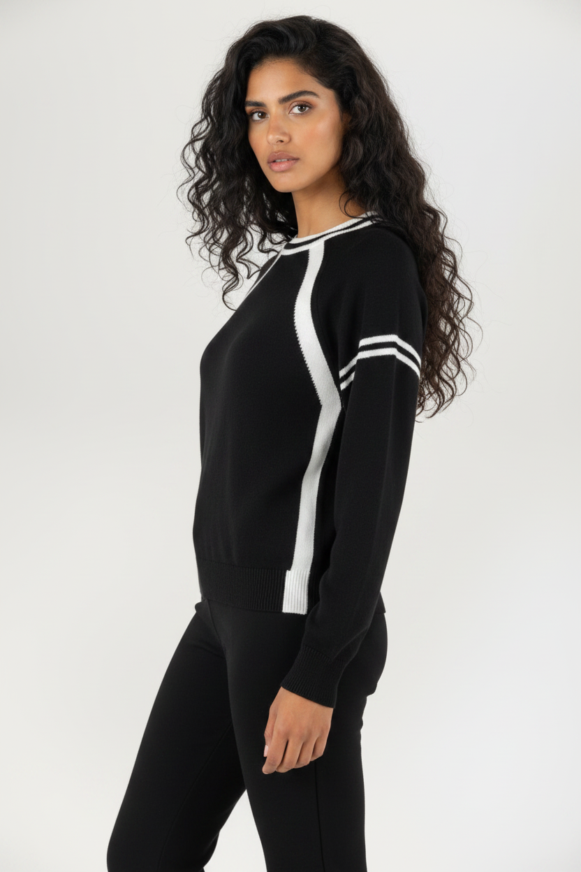 Schwarzer Pullover mit sportlichen weißen Kontraststreifen – Moderner Athletic-Style