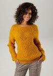 Aniston Senfgelber Strickpullover mit Lochmuster – Lässiger Zickzack-Pullover für Damen