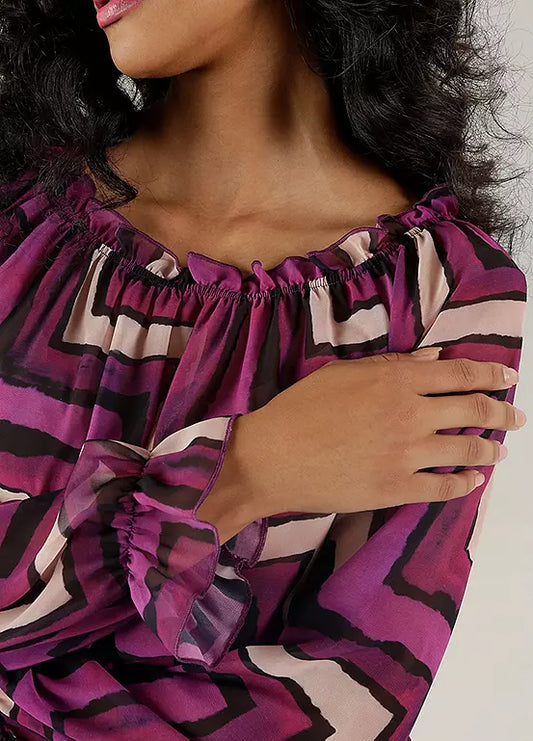 Aniston Graphic Print Carmen Blouse – Lightweight Zigzag Chiffon Top