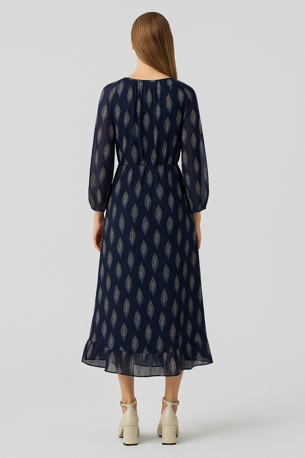Boho-Print Midi-Kleid – Navy Eleganz
