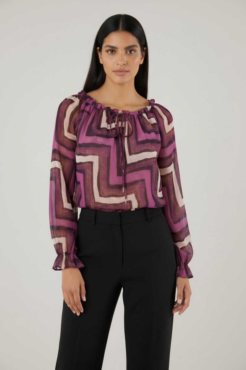 Grafik-Print Carmen-Bluse – Leichte Zickzack-Chiffon-Bluse