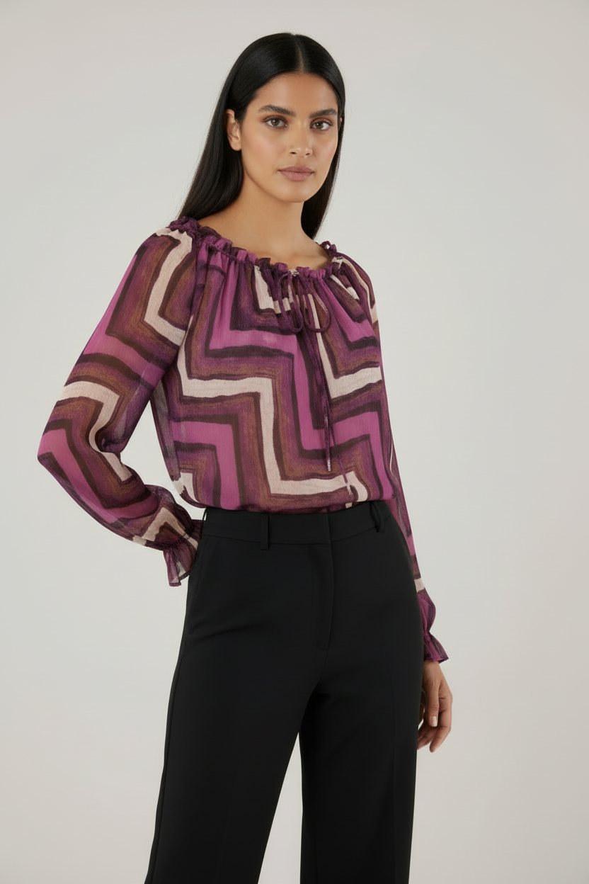 Grafik-Print Carmen-Bluse – Leichte Zickzack-Chiffon-Bluse