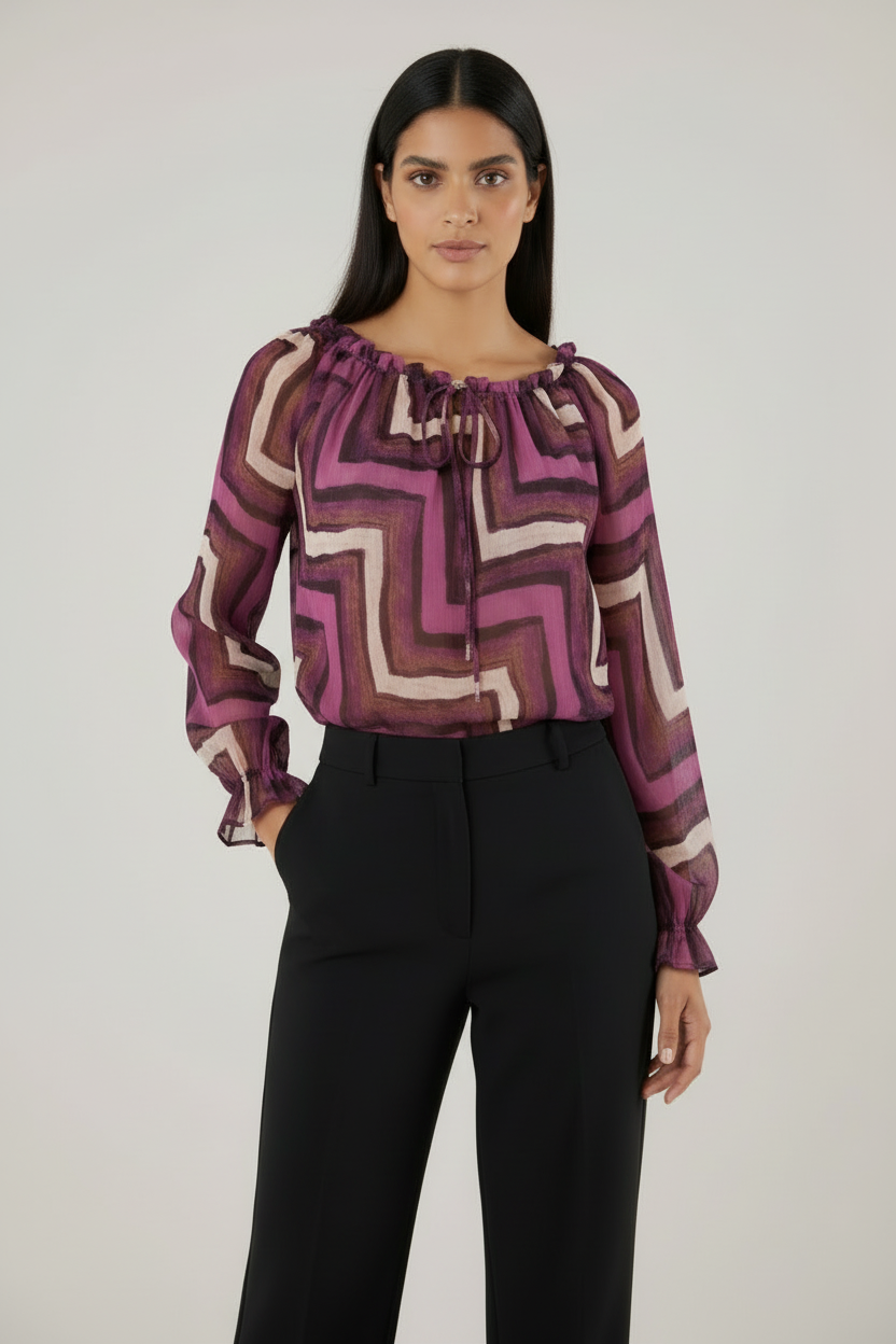 Grafik-Print Carmen-Bluse – Leichte Zickzack-Chiffon-Bluse