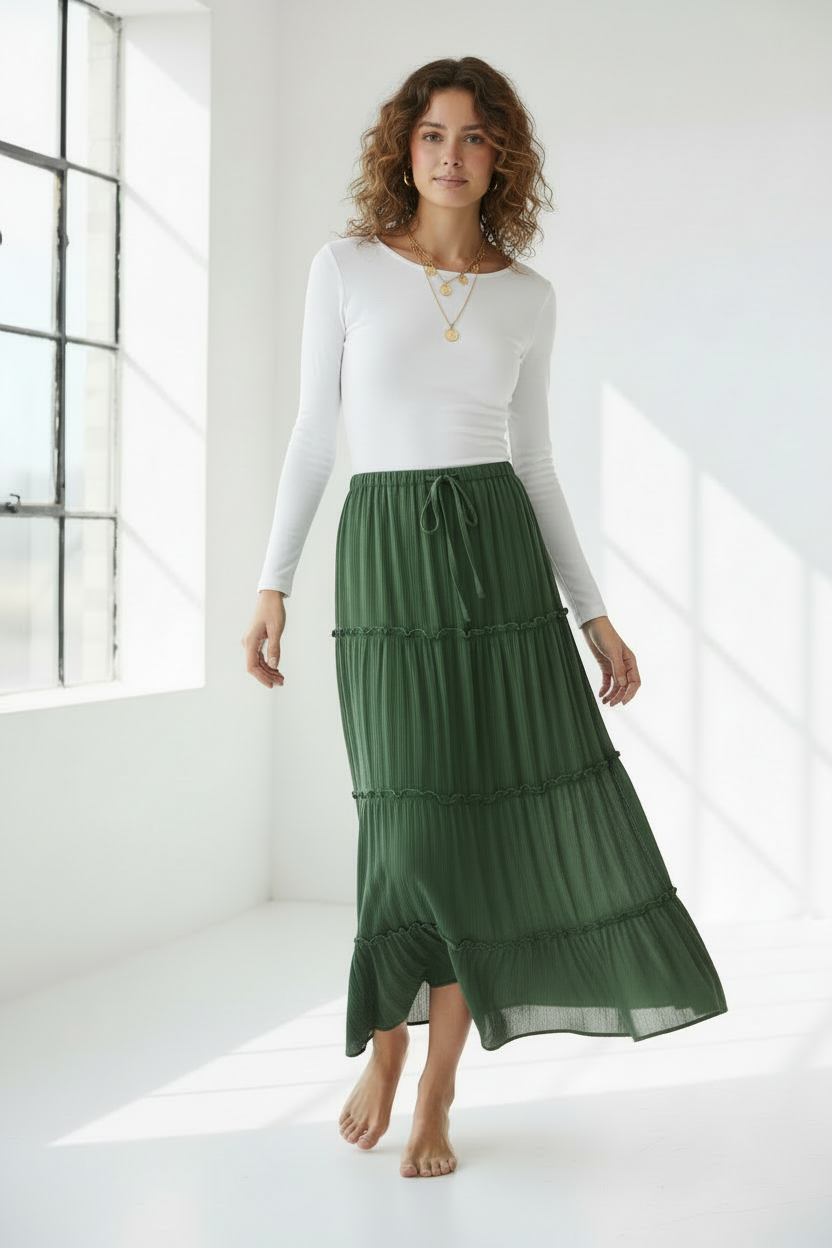 Weiße, gestufte Maxi-Rock – Boho-inspirierter, leichter Rock