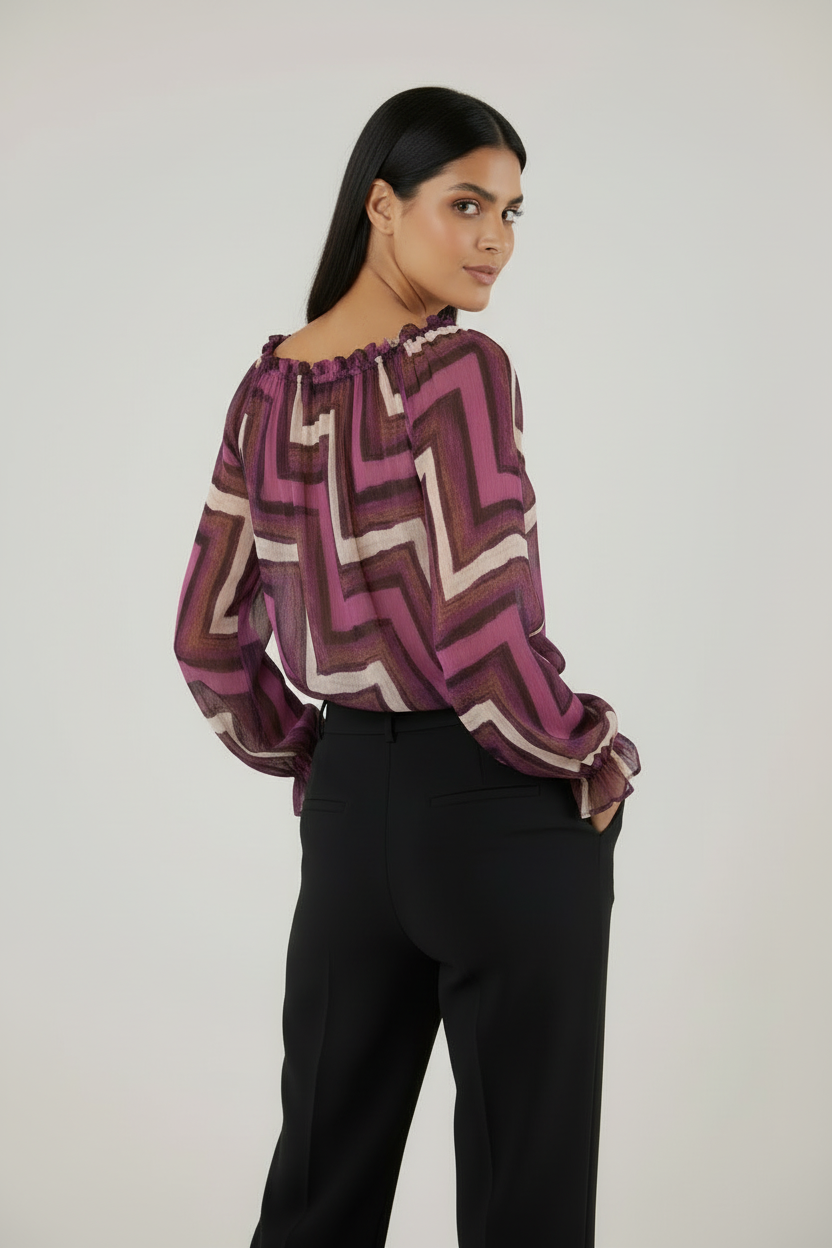 Grafik-Print Carmen-Bluse – Leichte Zickzack-Chiffon-Bluse