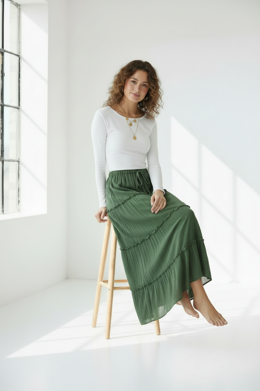 Weiße, gestufte Maxi-Rock – Boho-inspirierter, leichter Rock