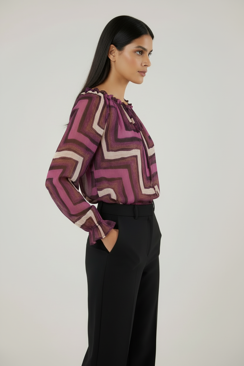 Grafik-Print Carmen-Bluse – Leichte Zickzack-Chiffon-Bluse