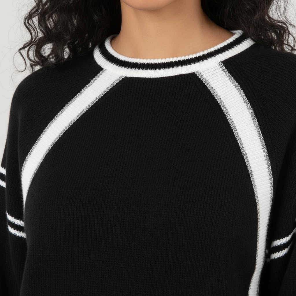 Schwarzer Pullover mit sportlichen weißen Kontraststreifen – Moderner Athletic-Style