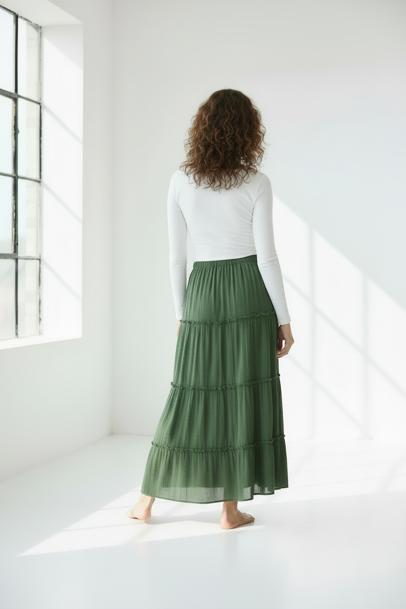 Weiße, gestufte Maxi-Rock – Boho-inspirierter, leichter Rock