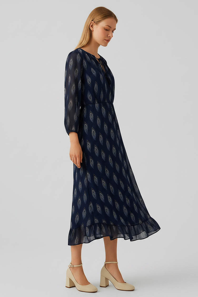 Boho-Print Midi-Kleid – Navy Eleganz