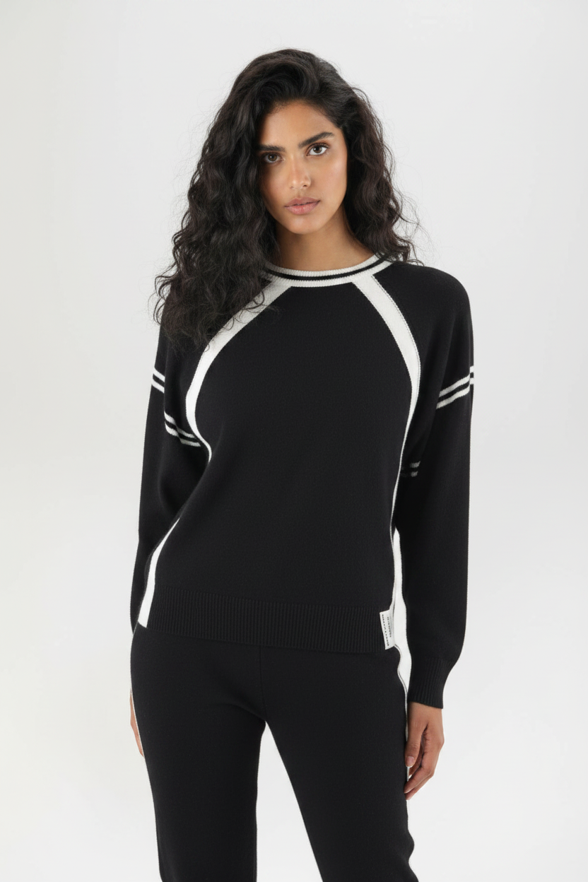 Schwarzer Pullover mit sportlichen weißen Kontraststreifen – Moderner Athletic-Style