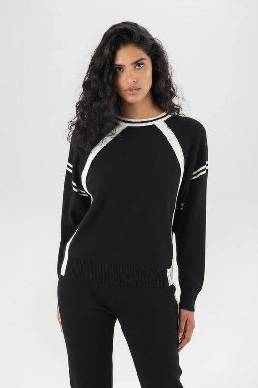 Schwarzer Pullover mit sportlichen weißen Kontraststreifen – Moderner Athletic-Style