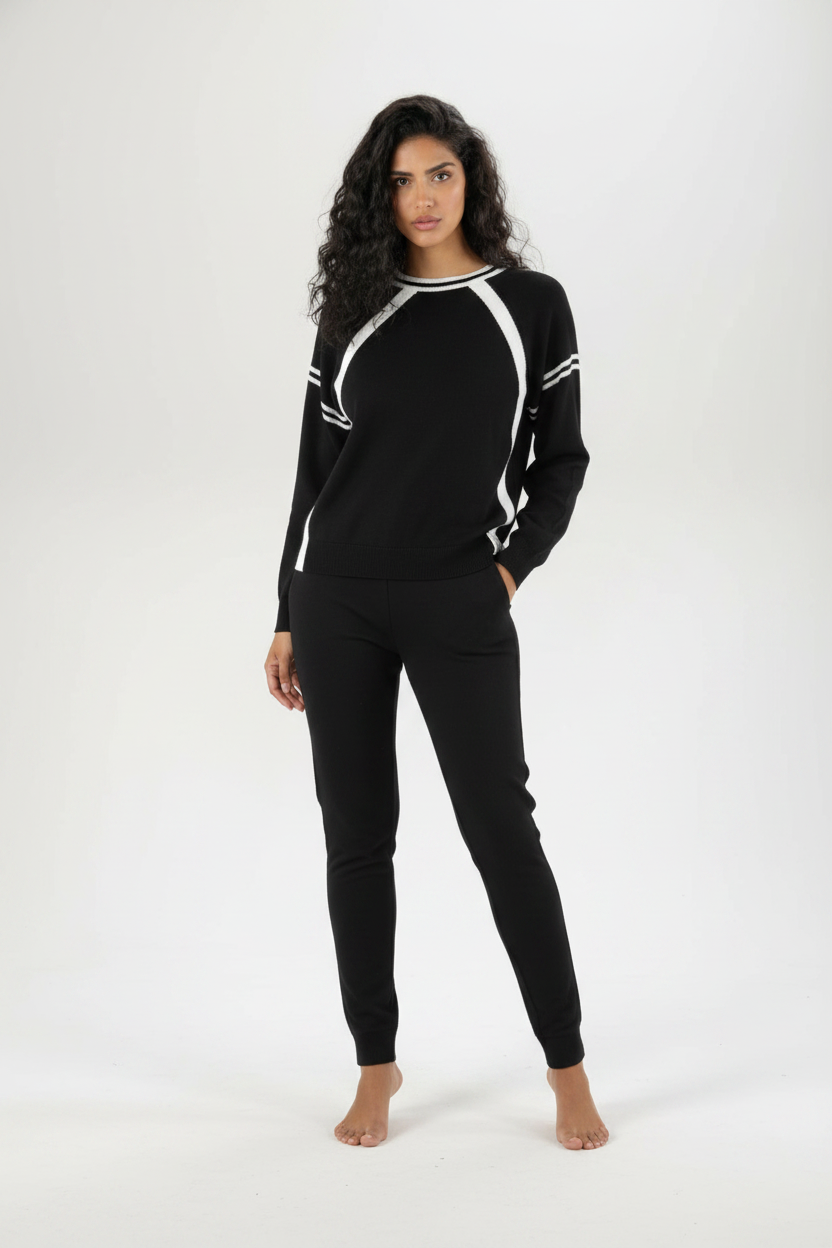 Schwarzer Pullover mit sportlichen weißen Kontraststreifen – Moderner Athletic-Style