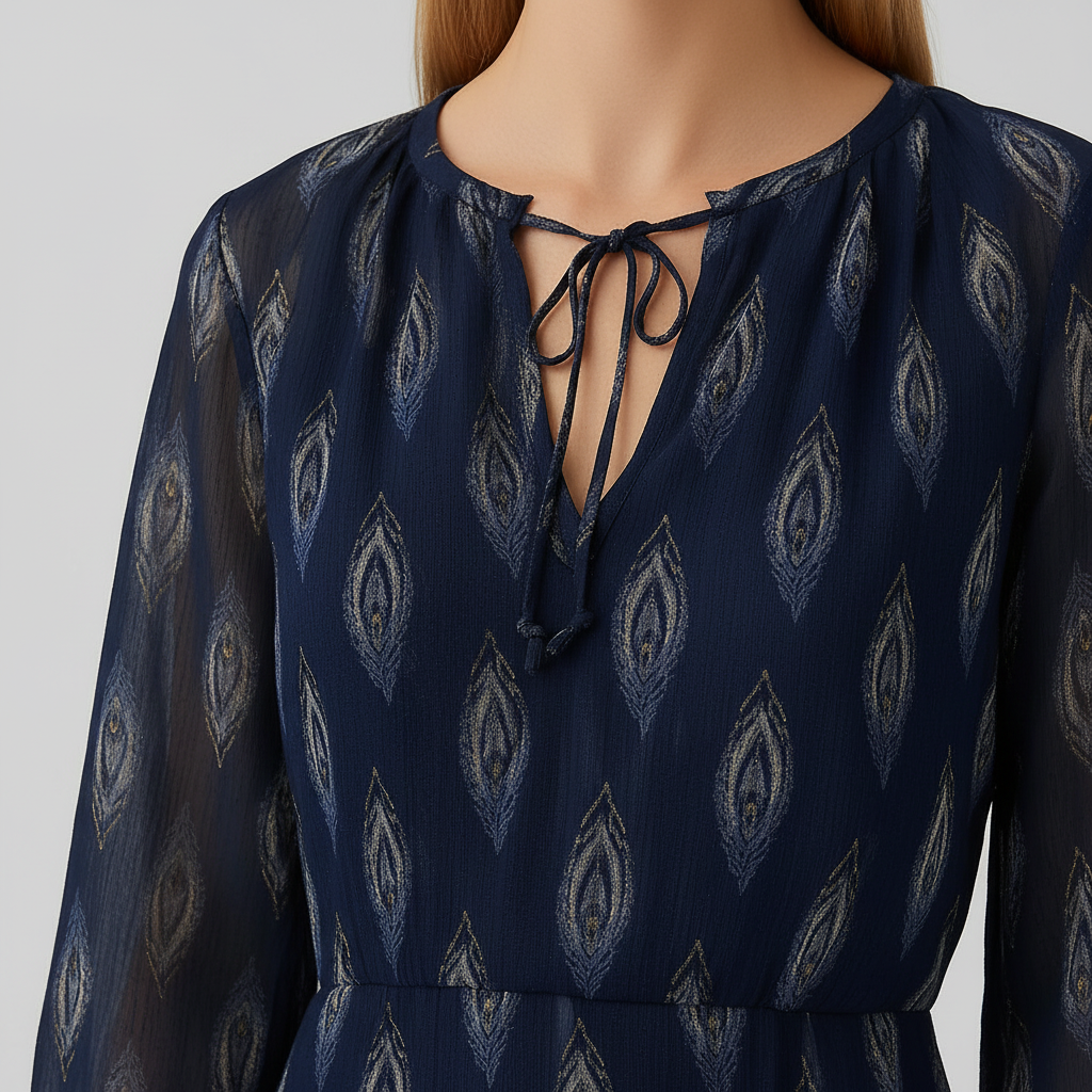 Boho-Print Midi-Kleid – Navy Eleganz