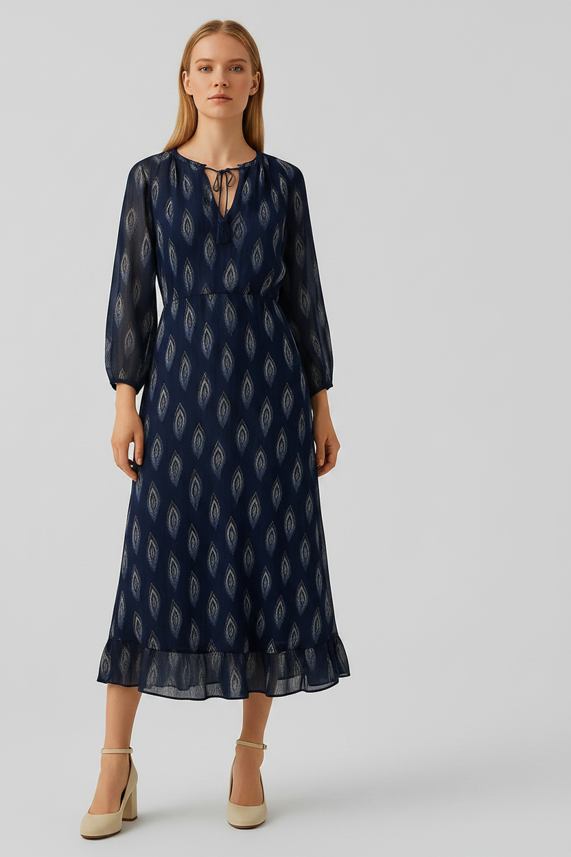 Boho-Print Midi-Kleid – Navy Eleganz