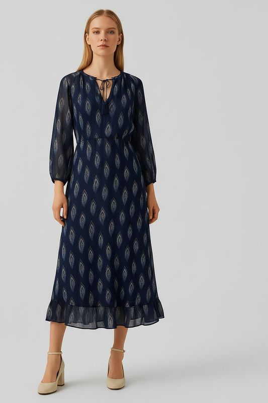Boho-Print Midi-Kleid – Navy Eleganz
