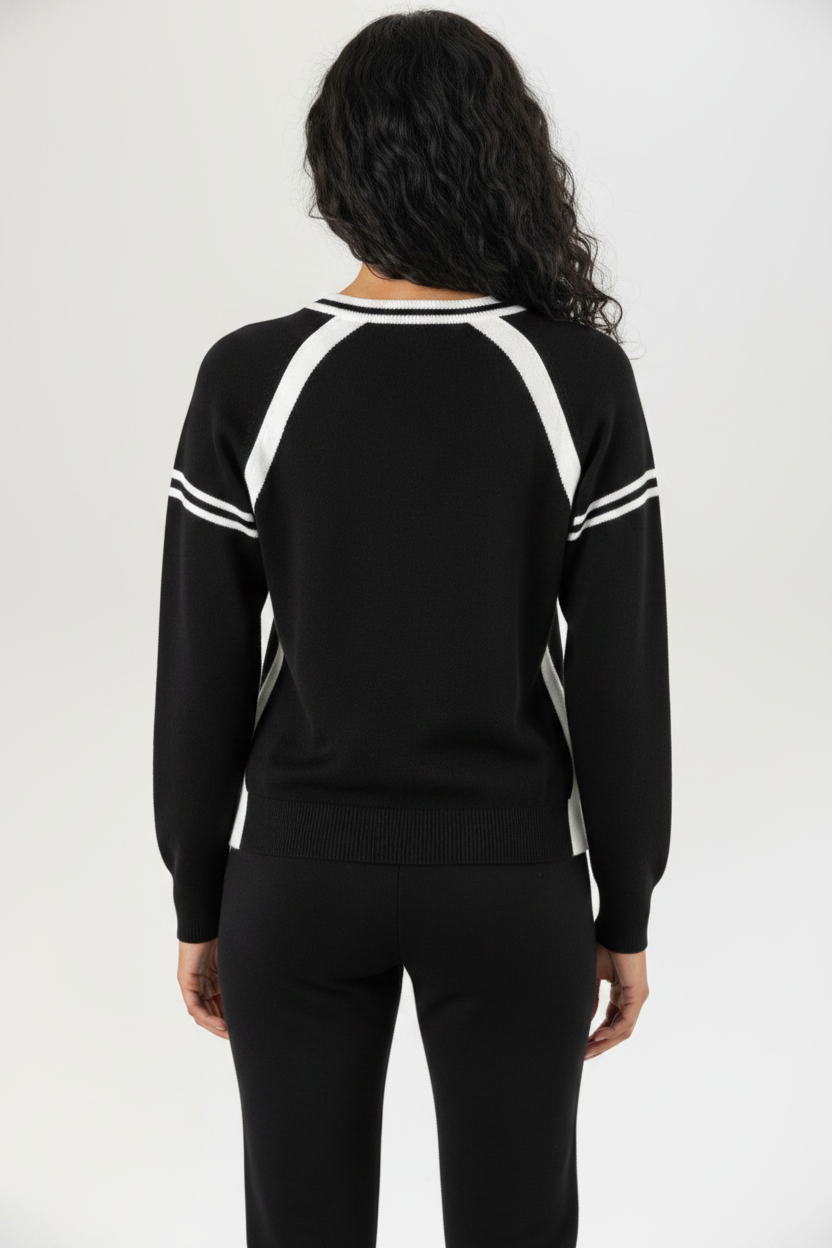 Schwarzer Pullover mit sportlichen weißen Kontraststreifen – Moderner Athletic-Style