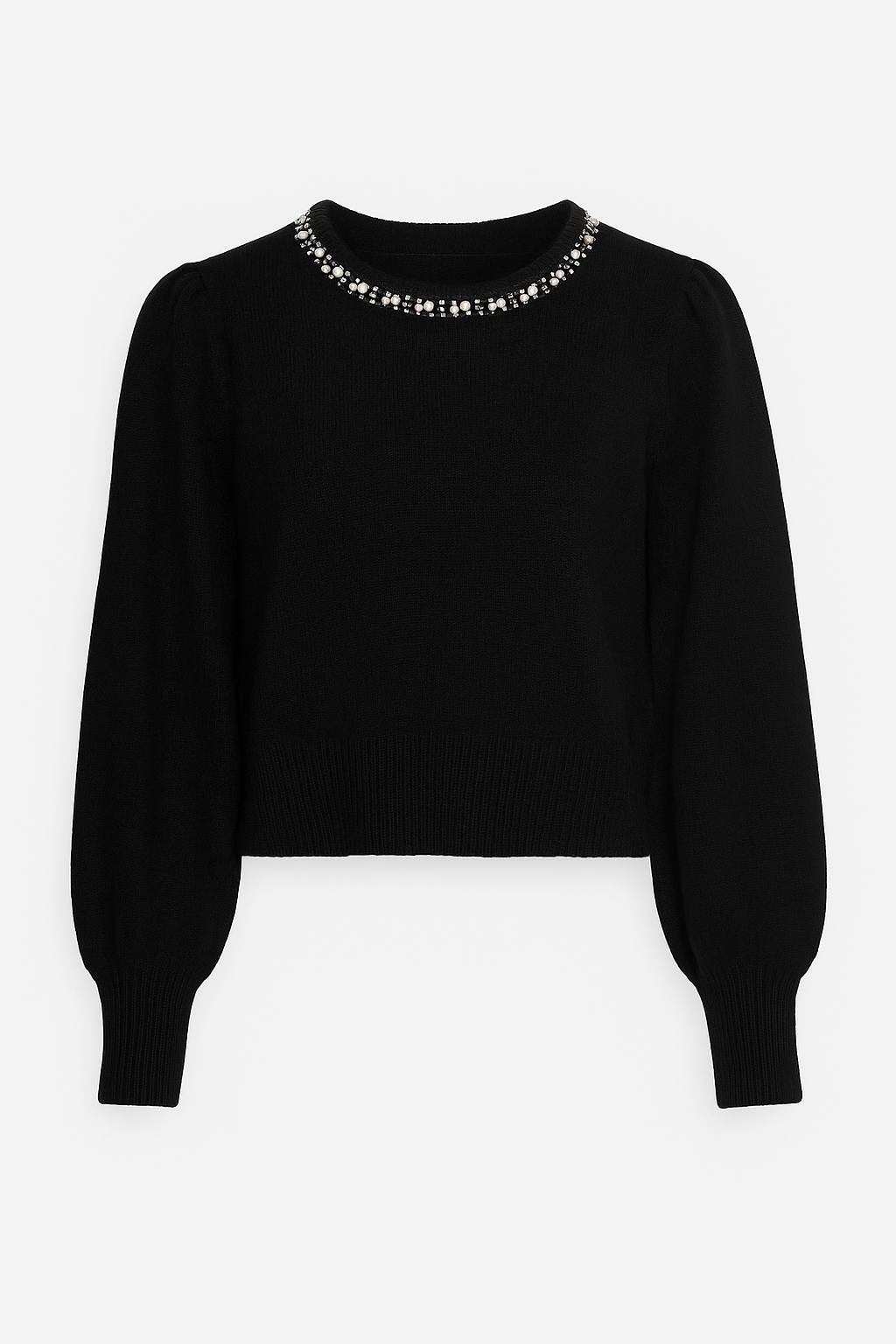 Schwarzer Strickpullover mit Perlenverzierung